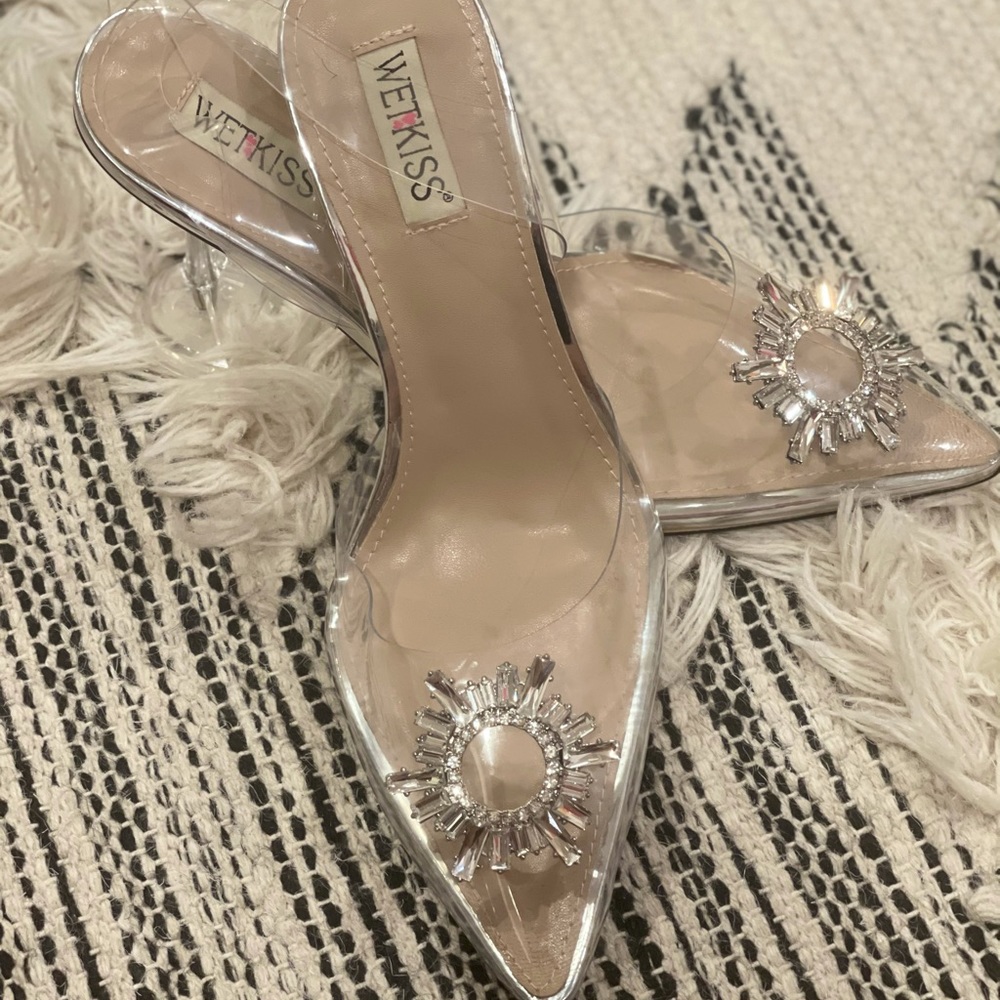Clear sandal heels with Chrome embellishment